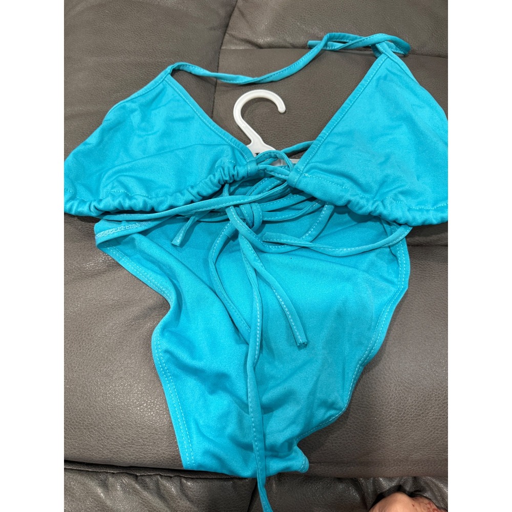 Turquoise Blue Triangle Halter High Cut Two Piece Bikini Set Swimsuit Large